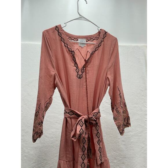 Misa Boho Dress Womens XS Pink Viscose Embroidered Tie Waist V Neck Drawstring - Picture 3 of 16